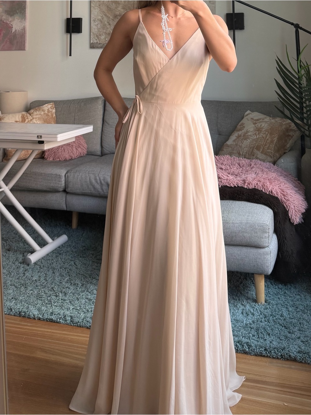 Jenny Yoo Blush/Nude Chiffon V-Neck Wrap Evening Gown